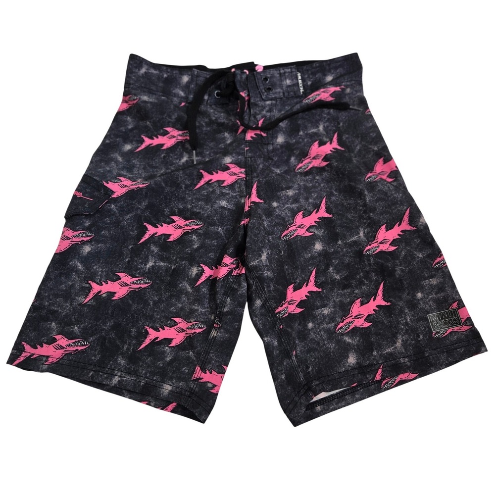 Maui and Sons‎ Mens Boardshorts Swim Trunks Black Pink Shark Altered Waist 29